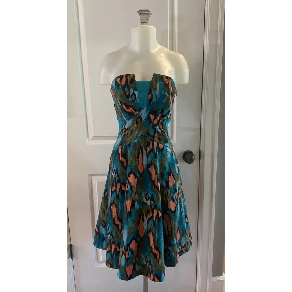 Anthropologie Girls From Savoy Teal‎ Painted Ikat Flared Strapless Dress Size 8